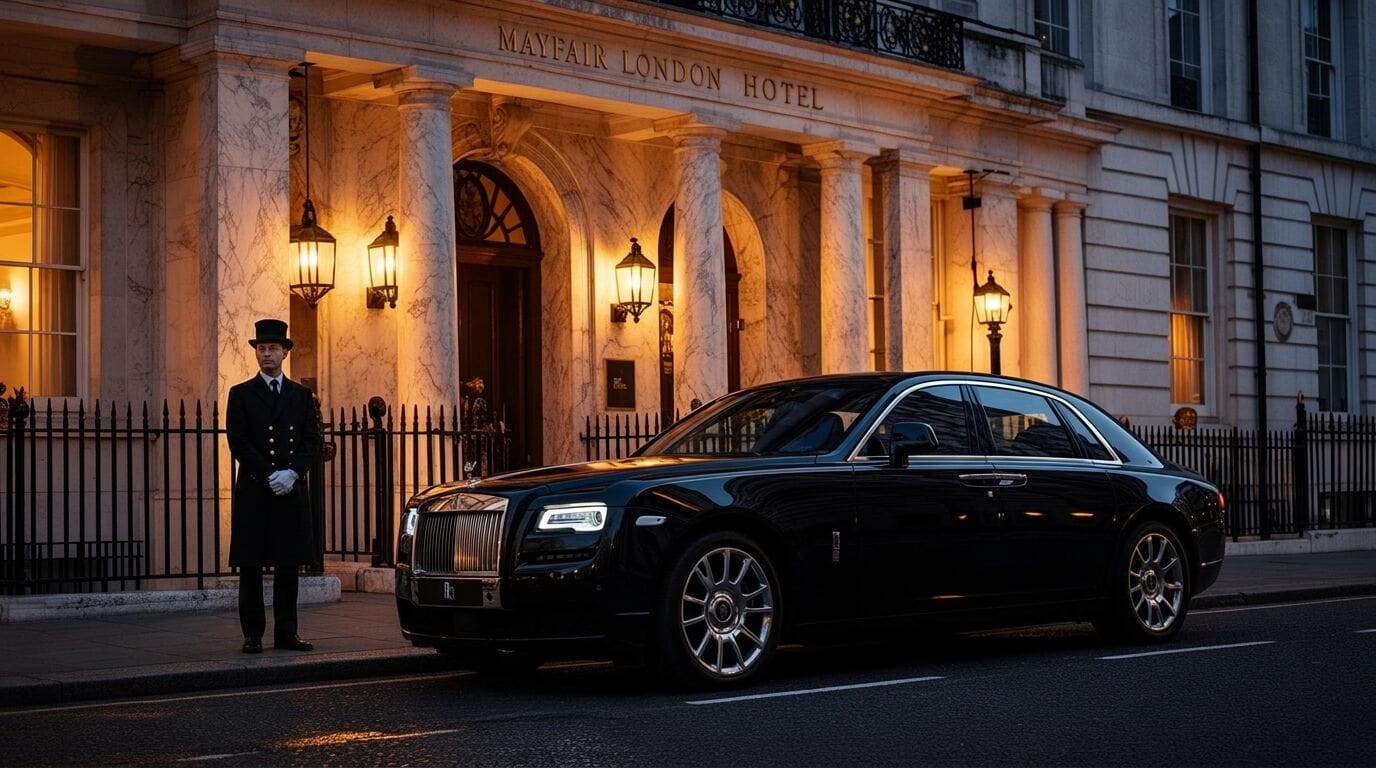 Luxury chauffeur outside Mayfair London hotel at dusk